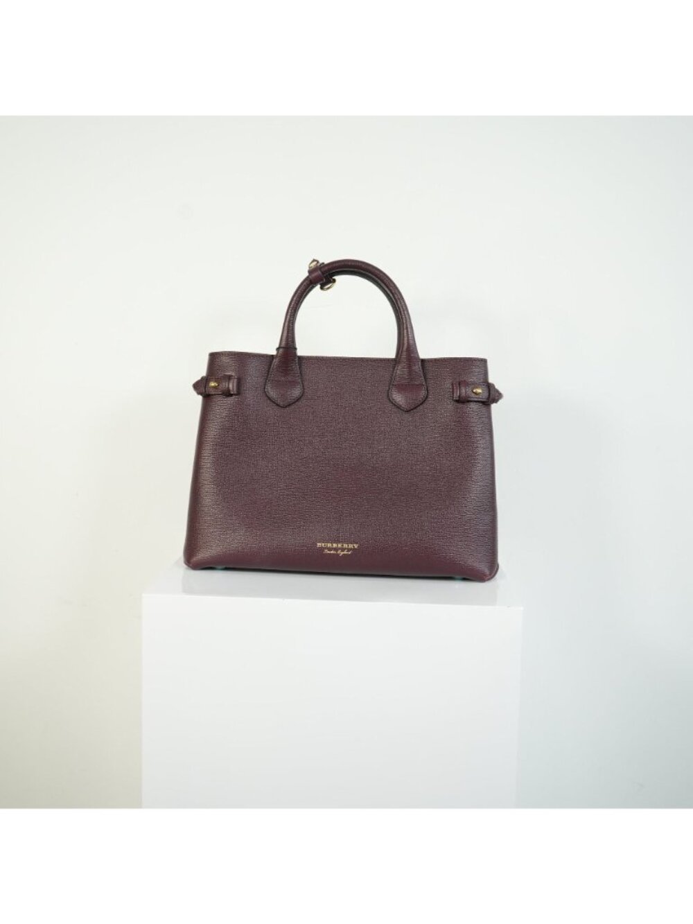 Burberry Banner Tote Bag Burgundy Grained Leather Shoulder Bag Gold Logo